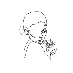 Woman Head with Flowers One Line Drawing. Continuous Line Woman and Flowers. Abstract Contemporary Design Template for Covers, t-Shirt Print, Postcard, Banner etc. Vector EPS 10.