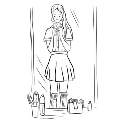 
A beautiful girl with long hair, a schoolgirl, makes a selfie in front of the mirror. Photo in front of a mirror, linear black and white drawing