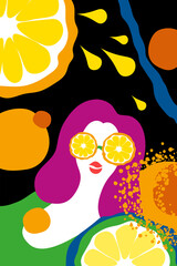Woman and orange on vertical black background. Bright minimalism. Contemporary pop art. Flat style. Modern abstract illustration.