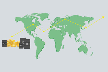 Fototapeta na wymiar Rising oil prices with world map background. trend on the stock exchange. yellow arrow on the chart. Barrels of oil with bags of money and coins. Flat vector illustration.