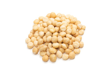 Macadamia nuts isolated on white background.
