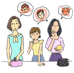 合コンの最中にメイク直しをしながら話し合う女性たち © みずたにいぬ