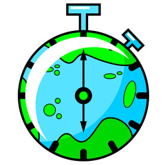 cartoon design graphic illustration of mascot stopwatch earth map background