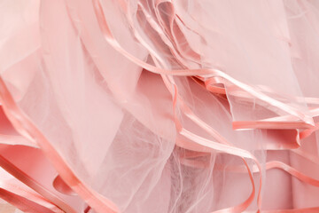 Wedding dress detail. Pink wedding dress frills close up.