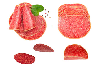 Salami slices isolated on white background.