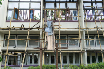 Old and abandoned building being renovated in the evening