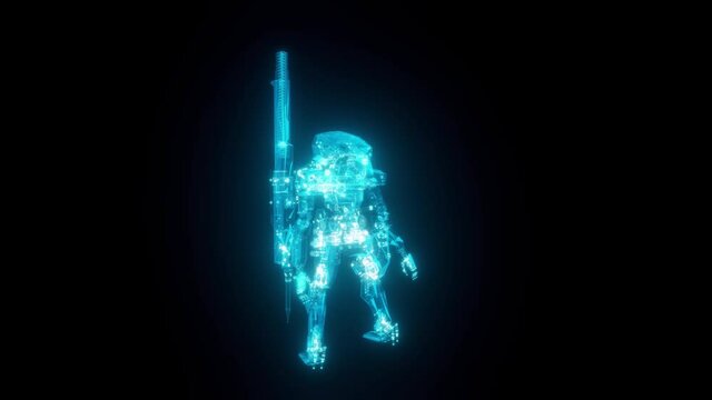 Futuristic robot machine gun turret wireframe scheme. 3d render with blue grid lines. Loop rotation on black background 4K. High quality 4k footage