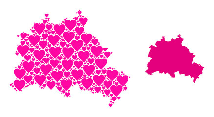 Love collage and solid map of Berlin City. Collage map of Berlin City is designed with pink valentine hearts. Vector flat illustration for love concept illustrations.