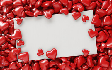 White blank card on a background of many red hearts. Space for text. 3d