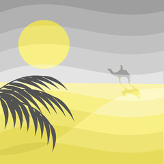 Vector background illustration. Camel driver in the desert. The sun and the branches of a palm tree.