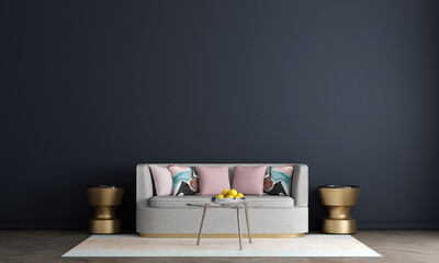 Interior design of living room with stylish modular beige sofa, wooden coffee tables, plants, pillows, plaid, neutral room divider, decoration and elegant accessories. Modern home decor. 3d render 