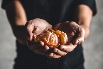 Ripe juicy sweet orange mandarins in a human hand against a dark background.