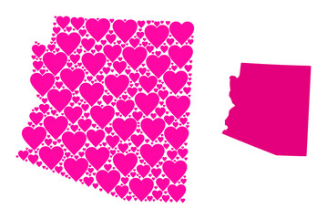 Love mosaic and solid map of Arizona State. Mosaic map of Arizona State formed with pink lovely hearts. Vector flat illustration for love conceptual illustrations.