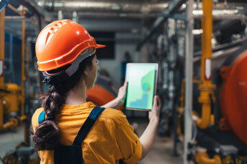 A female worker in uniform and helmet with a tablet in her hand. Rear view. In the...