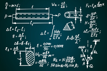 Physical equations on school board. Vector hand-drawn illustration. Education background.