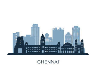 Chennai skyline, monochrome silhouette. Vector illustration. - obrazy, fototapety, plakaty