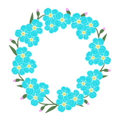 vector wreath of flowers and forget me not buds:the inscription Spring, an inflorescence of forget-me-not buds, a small bouquet blue, pink, green, frames.Stock illustration