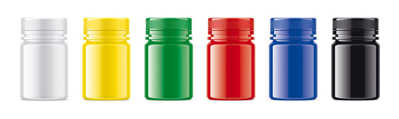 Set of Glossy Colored Plastic Bottles. 