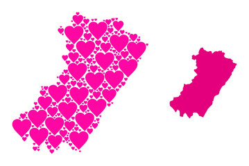 Obraz premium Love pattern and solid map of Castellon Province. Mosaic map of Castellon Province created from pink lovely hearts. Vector flat illustration for dating concept illustrations.