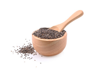 Chia seeds in wooden bowl isolated on white background.