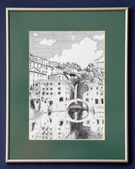 Picture in frame with passepartout. Handmade painted ink on paper. Old stone bridge of Nesso village at lake Como, Italy