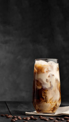 Coffee and milk are mixed in a highball glass with ice. Gray wooden table. Copy space, space for text. Vertical photo