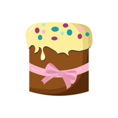 Cute Easter cake with yellow glaze, colored sweets. Traditional Christian holiday. Vector illustration of clipart for greeting cards, stickers, design. Dessert, cupcake with ribbon.