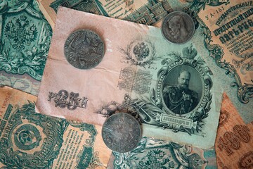 Fototapeta na wymiar Collection revaluation banknotes. Old royal money