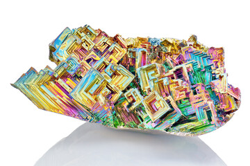 Amazing colorful rainbow Bismuth Gemstone macro closeup isolated on white background