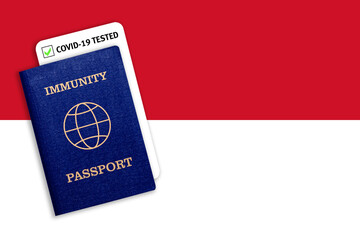 Immunity passport and test result for COVID-19 on flag of Indonesia
