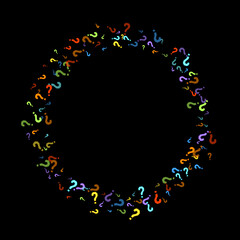 Question marks scattered on black background. Quiz, doubt, poll, survey, faq, interrogation, query background. Multicolored template for opinion poll, public poll. Rainbow color. Vector illustration.