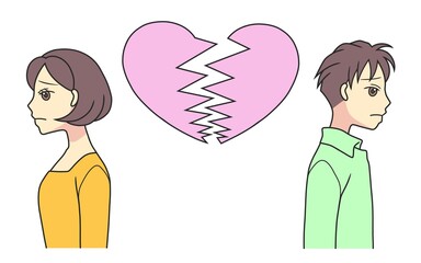 A broken pink heart and a young couple back to back and looking sad