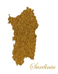 Map of the island of Sardinia. Silhouette with golden glitter texture