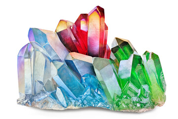 Amazing detailed closeup of colorful Rainbow Aura Quartz Crystal coated cluster on white...