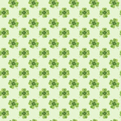 Seamless pattern for St Patrick day with gnomes and lucky clover leaves. Watercolor cartoon dwarf repeated backdrop