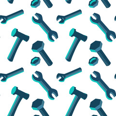 Tool bolts and nut, hammer and wrench seamless vector pattern texture or background isolated svg