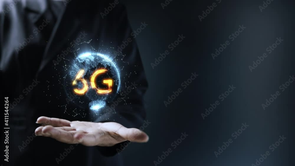 Poster human hand holding earth 6g globe holographic technology . futuristic visualization for virtual real