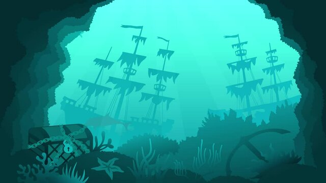 shipwreck underwater view background animation with floating fish