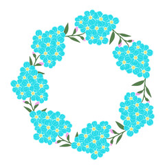 vector wreath of flowers and forget me not buds:the inscription Spring, an inflorescence of forget-me-not buds, a small bouquet blue, pink, green, frames.Stock illustration
