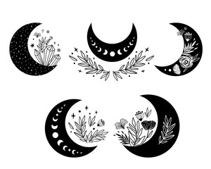 Floral moon clipart. Moon phase flowers set. Black moon elements. Celestial crescent isolated vector. Hand drawing