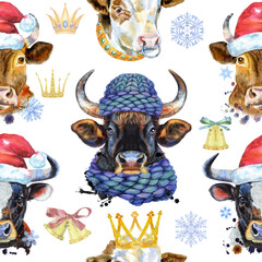 Seamless pattern. Watercolor illustration of a bulls