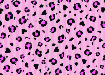 Pink Leopard skin pattern design with abstract heart shapes. Vector illustration background. Wildlife fur skin design illustration.