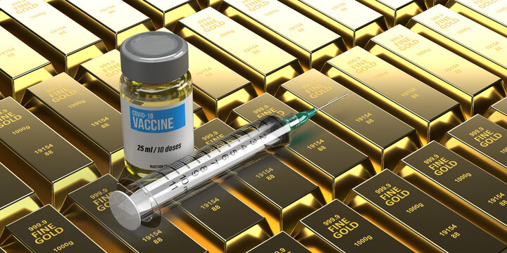 Covid-19 vaccine and investment, banking business concept: 3d rendered  pharma injection bottle and syringe on gold bars in brick wall background. Many shiny ingots. Health, wealth, medicine and money