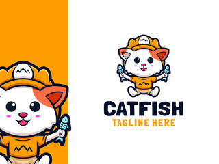 logo cute cartoon Cat fish design vector mascot character illustration