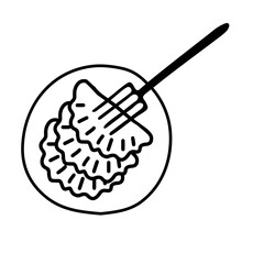 Black hand-drawn outline vector illustration of a group of hot chebureks or dumplings on the plate with a fork isolated on a white background for holiday or dinner for cooking book