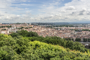 Fototapeta na wymiar Panoramic aerial view of Lyon city. Rhone-Alpes, France.