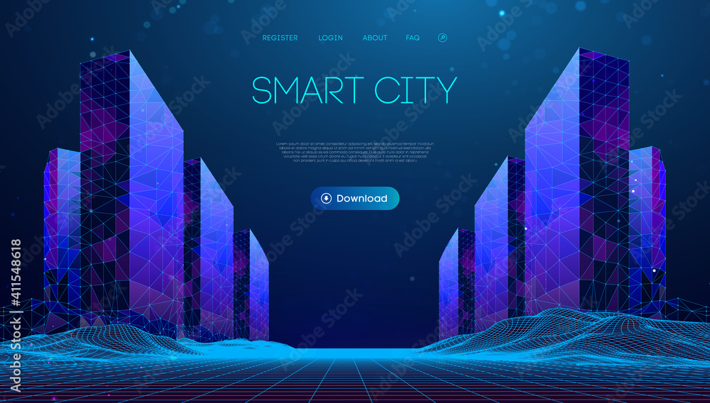 Poster wireframe landscape with smart city. technology background blue in low poly style. data security 3d 