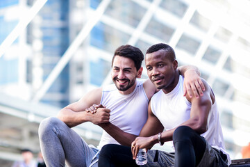 Portraits of different nationalities and skin tones between blacks and Caucasian people That also exercise well