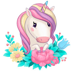cute drawing of unicorn in the clouds with flowers isolated on white background