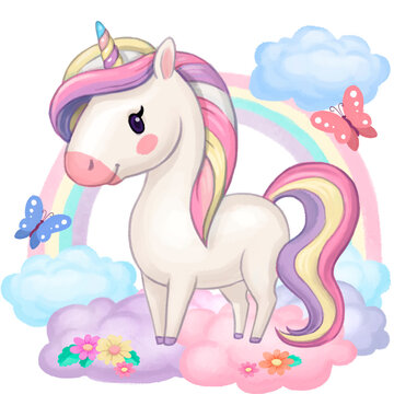 cute drawing of unicorn in the clouds with flowers isolated on white background